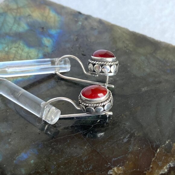 Sterling Silver 925 Oval Bezel Set Garnet Cabochon Dangle Drop Earrings - Picture 8 of 16